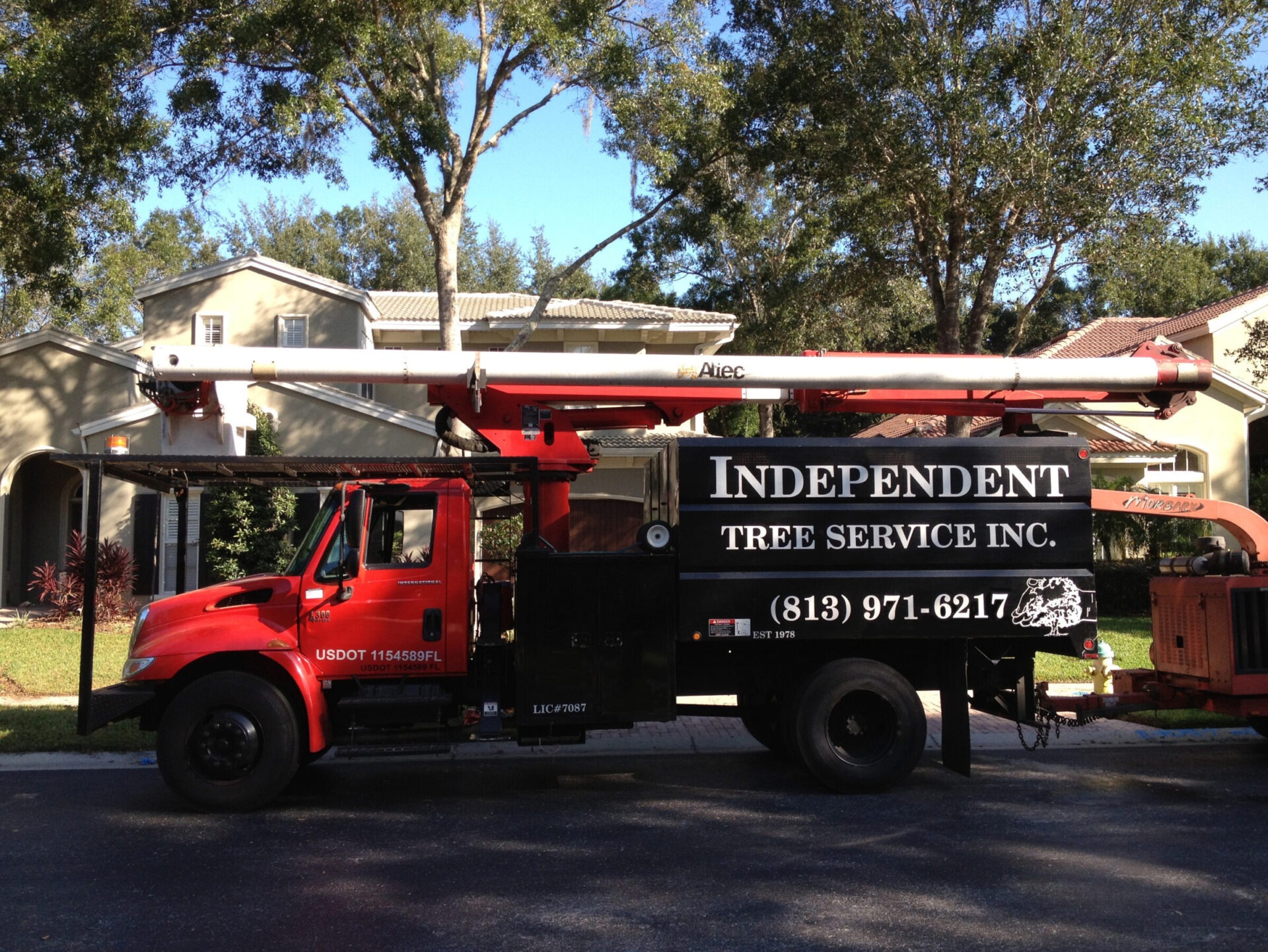 A red and black tree service truck is parked on a residential street, surrounded by trees and houses. Sunny day, clear sky.