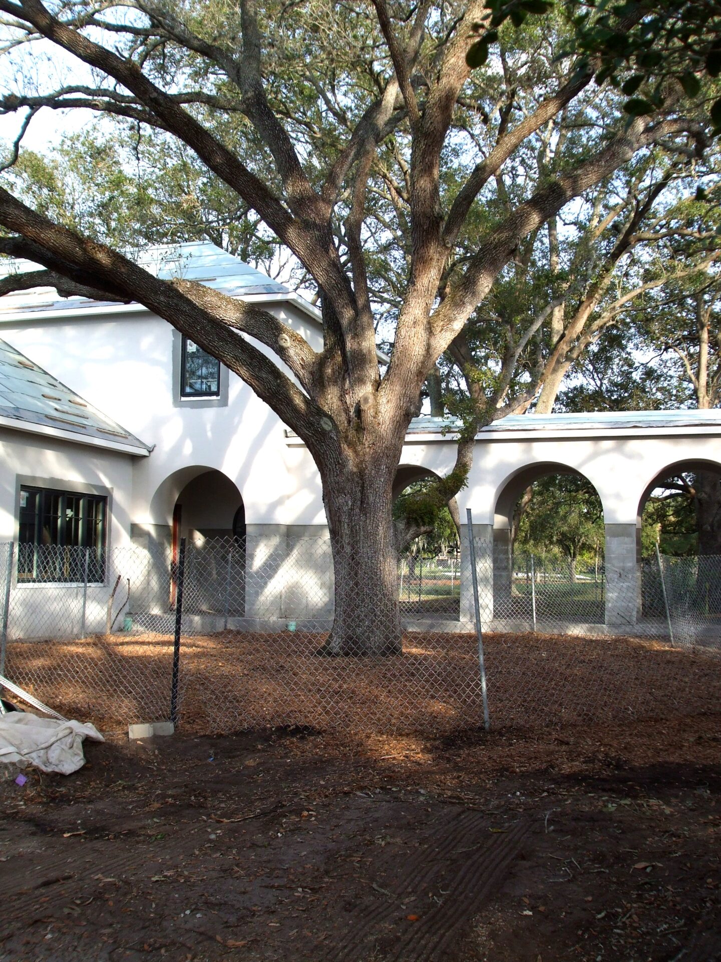 A house under construction with white arches, surrounded by a chain-link fence, and a large tree in the foreground.