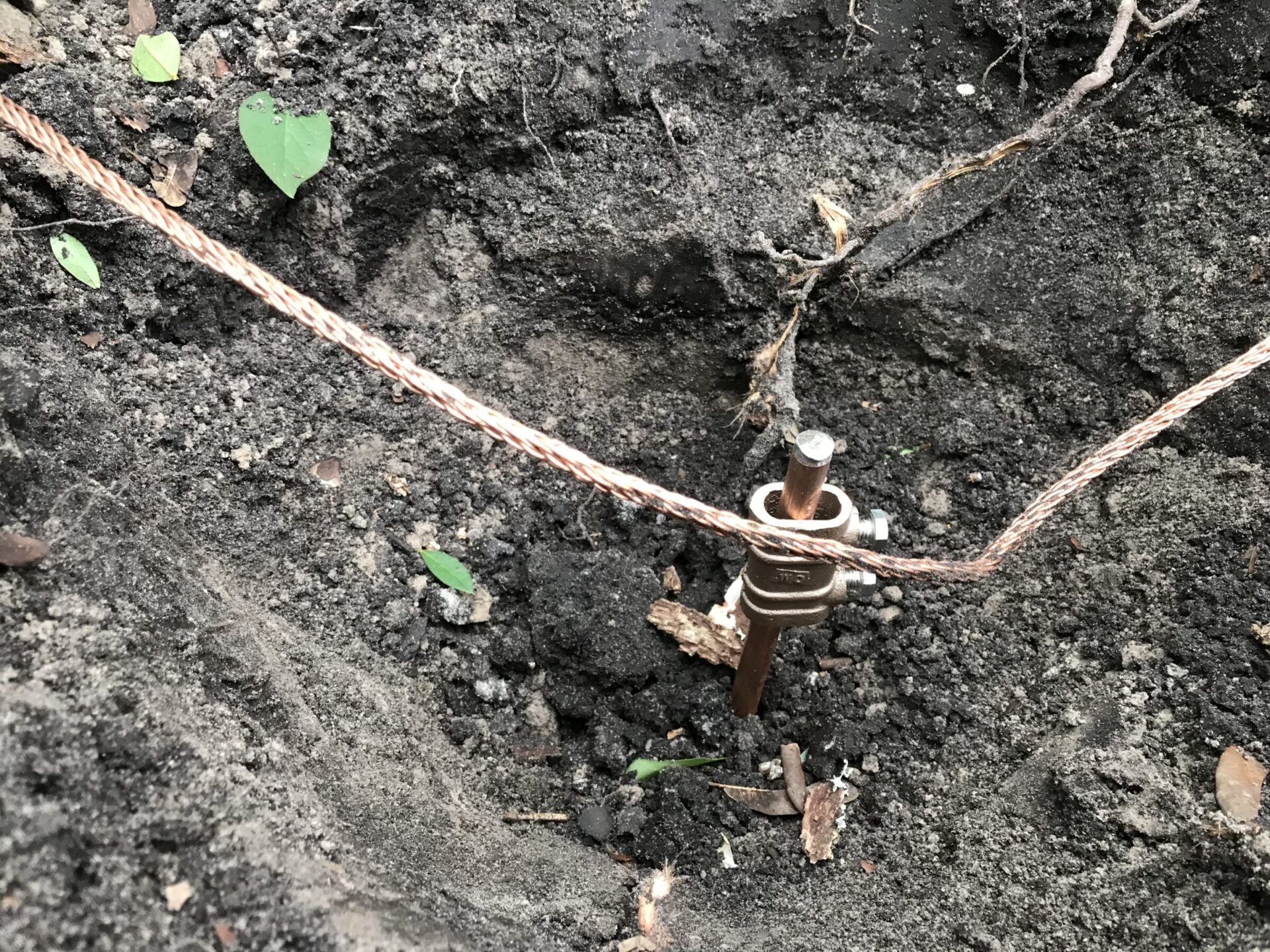 A grounding rod with copper wire is partially buried in soil, showing an electrical grounding setup amidst dirt and scattered leaves.