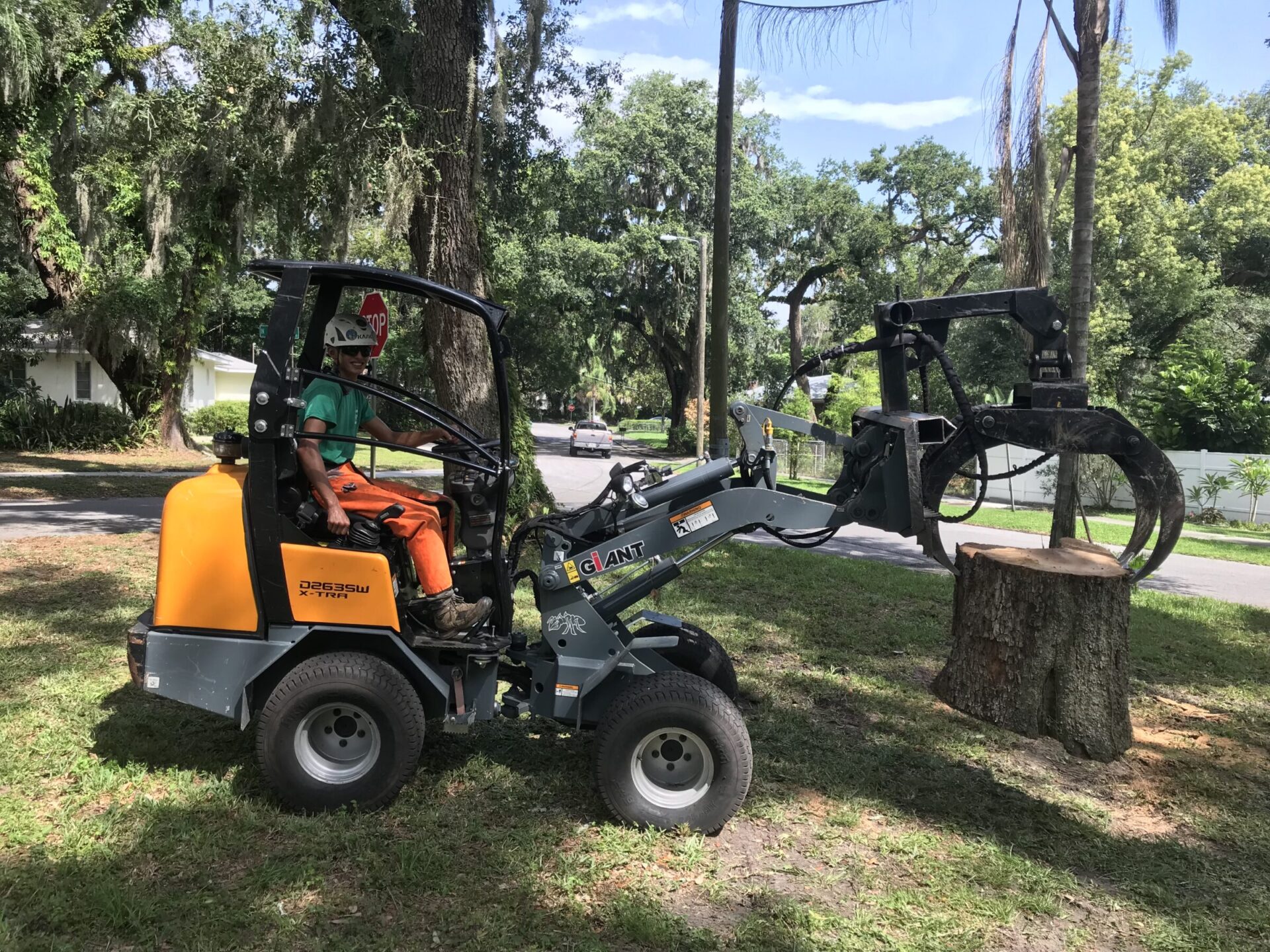 A person operates a mini loader with an attachment, preparing to lift a tree trunk in a park-like setting with lush trees.