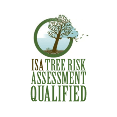 Logo of ISA Tree Risk Assessment Qualified, featuring a tree within a circular frame, with leaves blowing away. Text is prominently displayed below.