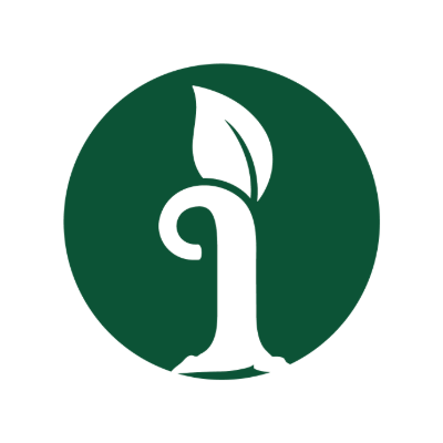 The image displays a green circle with a stylized white leaf and stem design at its center. The design is simple and clean.