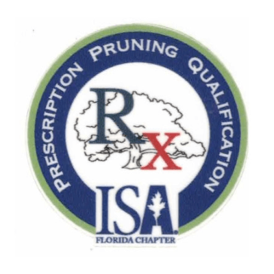 Circular logo for "Prescription Pruning Qualification," featuring a tree and "Rx" symbol, by ISA Florida Chapter. Blue and green color scheme.