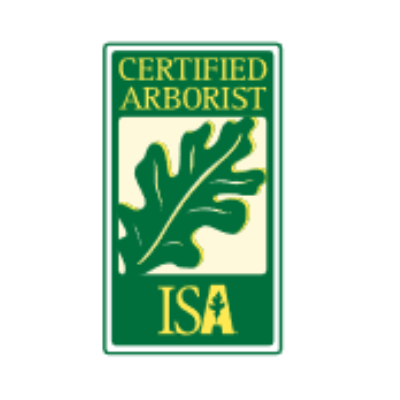 Green and white logo for "Certified Arborist," featuring a large leaf and the acronym "ISA" with a small tree symbol.