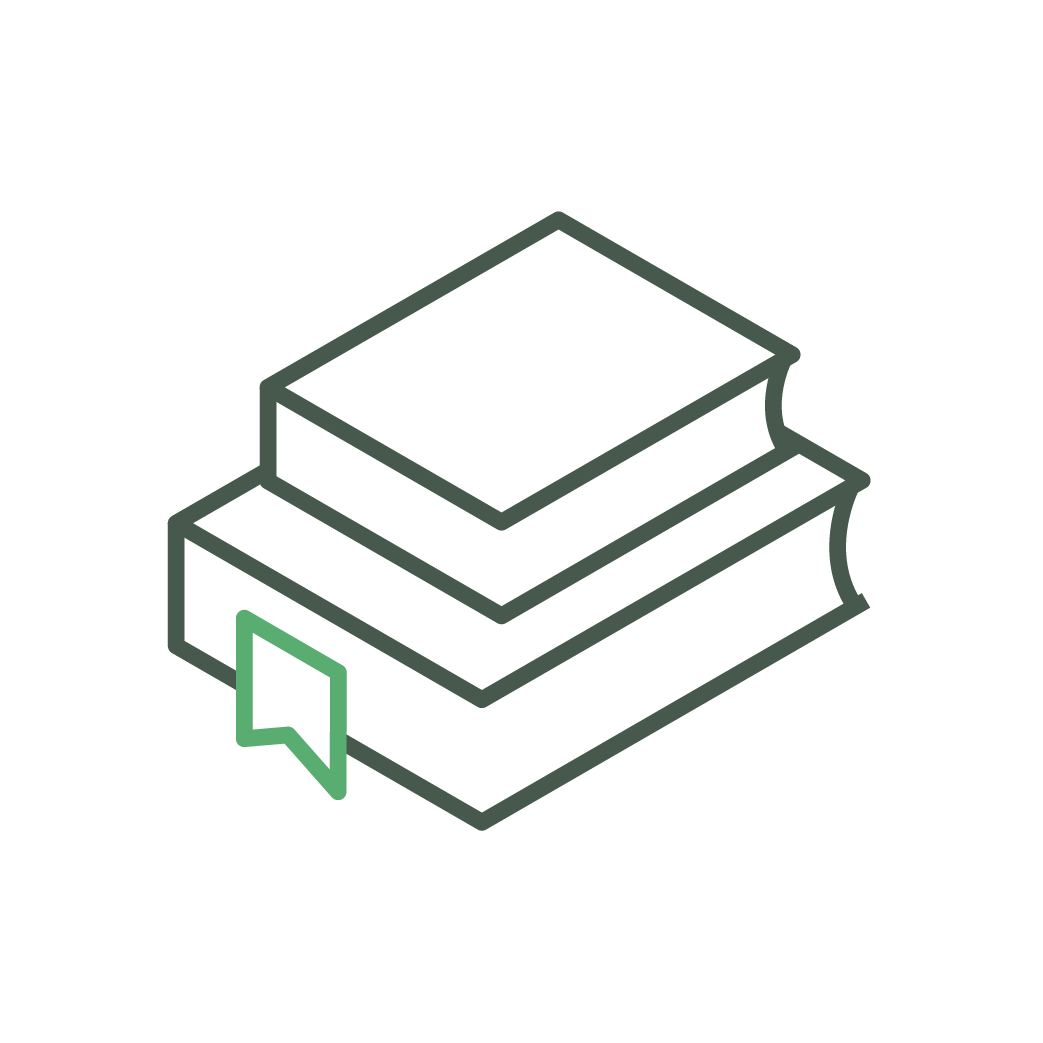 The image shows a minimalist graphic of two stacked books with a green bookmark. The background is black, highlighting the book outline.