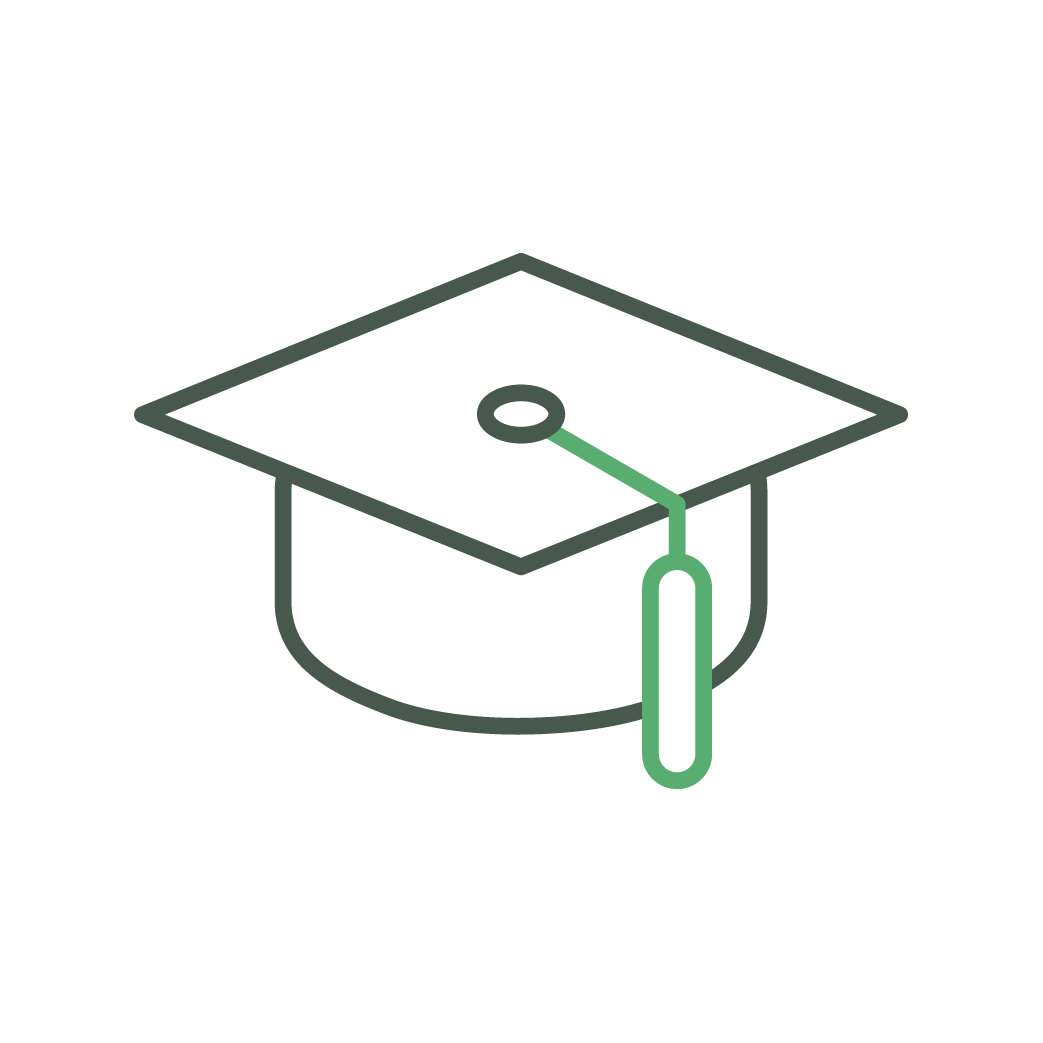 A simple black and green line drawing of a graduation cap, symbolizing education and achievement on a dark background.