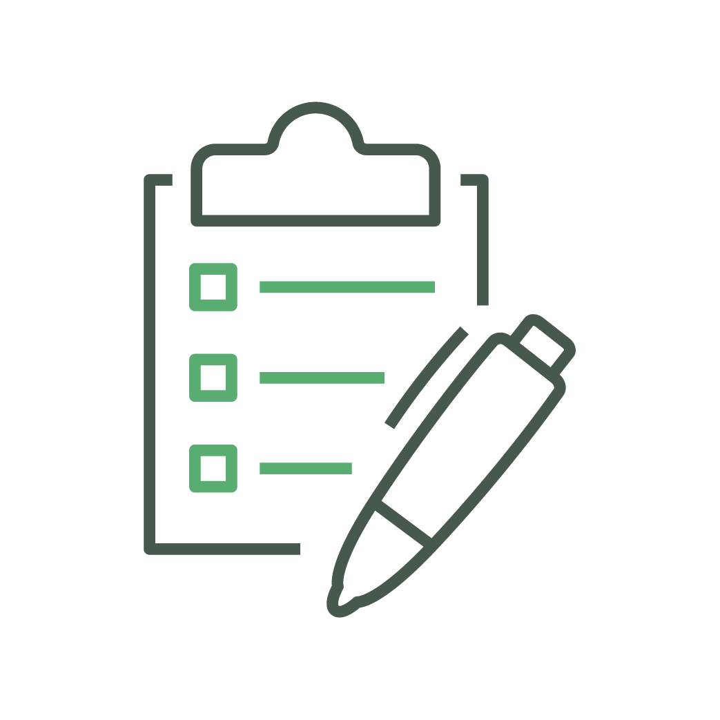 Clipboard with checklist and pen icon, featuring green lines on a black background. Represents organization or task management visually and simply.