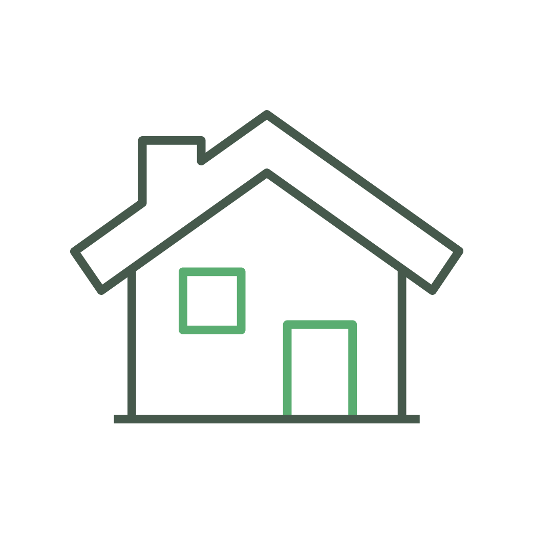 A minimalist house icon with a green outline on a black background, featuring a chimney, rectangular window, and door. Simple and modern design.