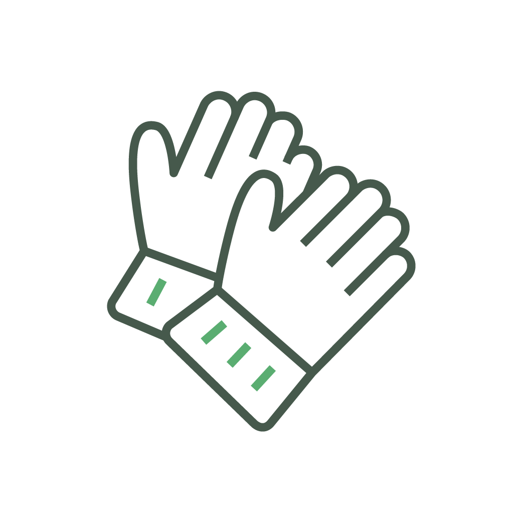 Illustration of dark green gloves on a black background, with minimalistic design and glowing accents on the cuffs. Simple and modern style.