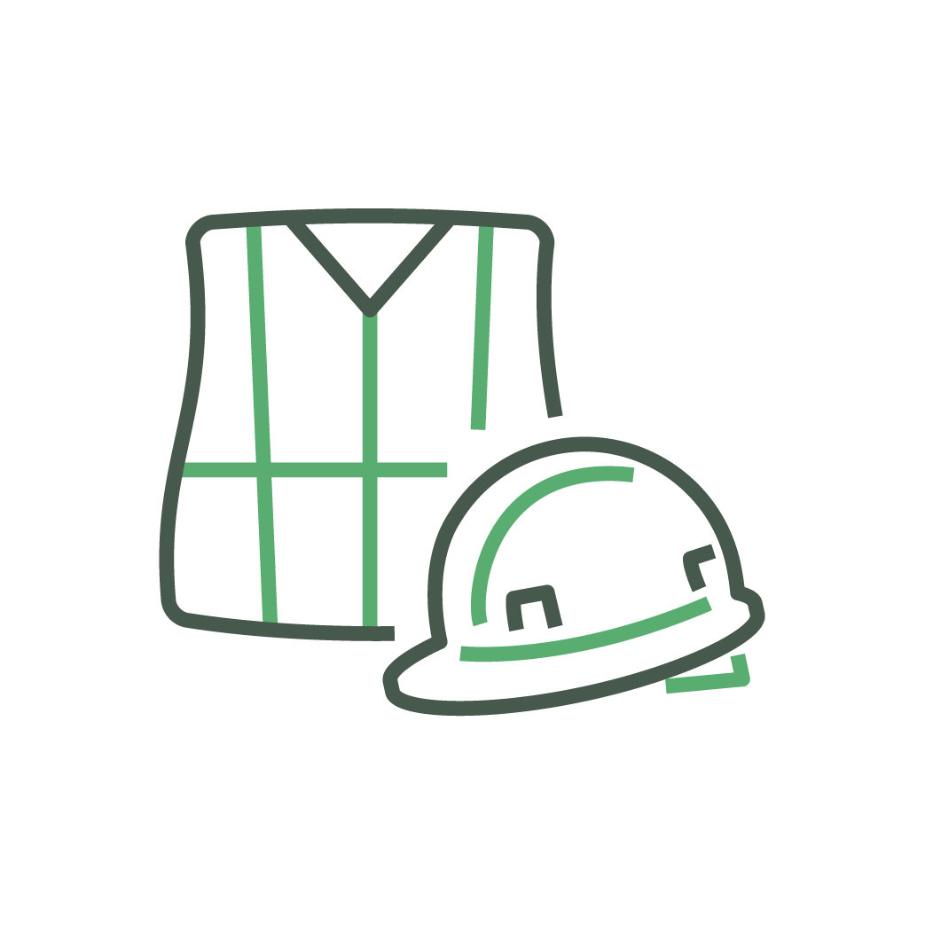 Outline illustration of a safety vest and hard hat on a black background, symbolizing construction work or safety measures.