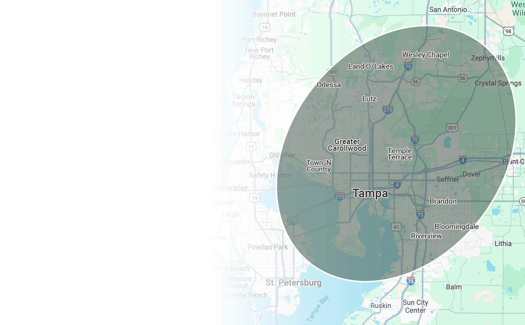 Map highlighting the Tampa, Florida area, including surrounding cities like St. Petersburg and Brandon. Displays major roads and geographic regions.