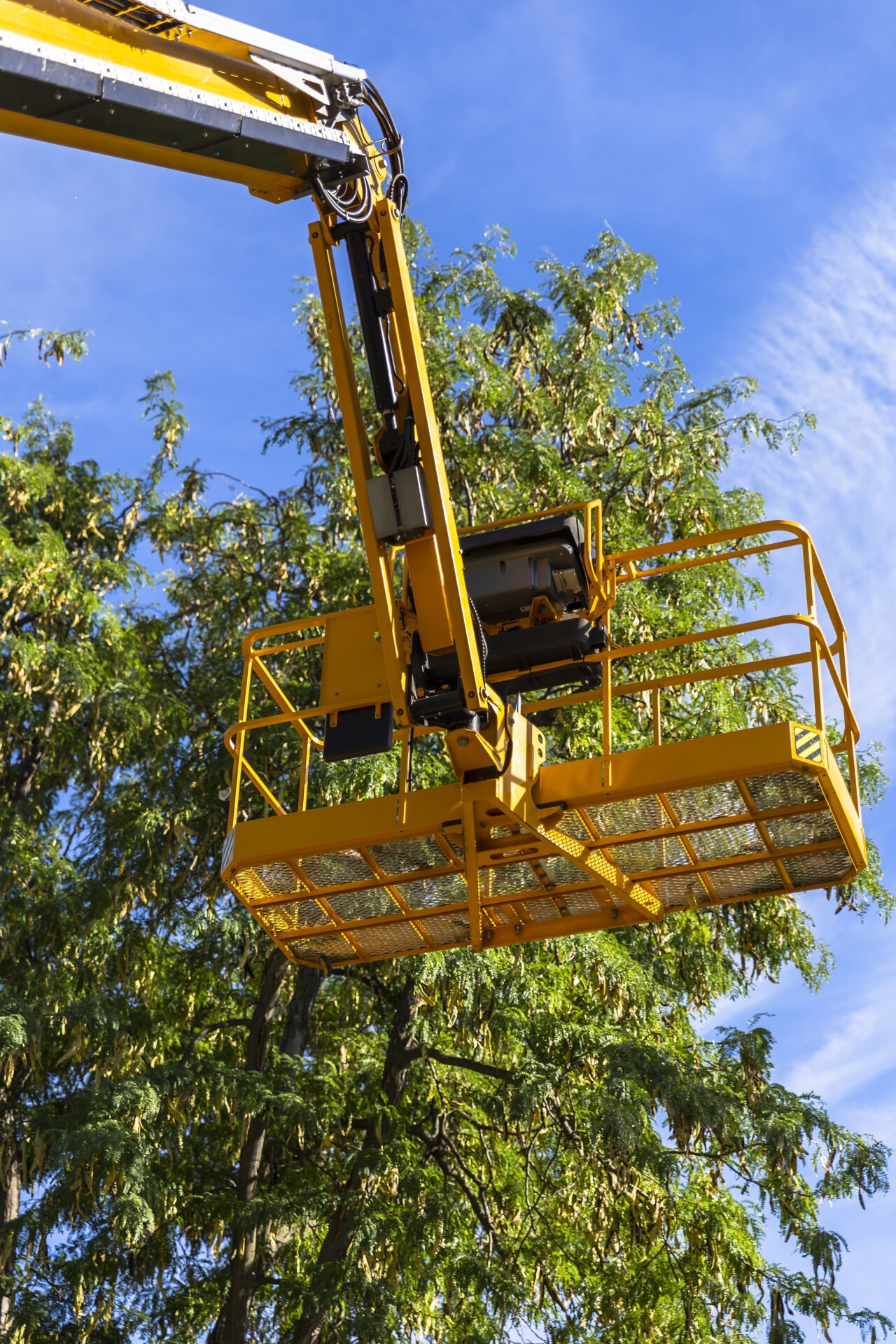 Aerial lift platform extended into a green tree canopy under a clear blue sky; used for maintenance or outdoor work at height.